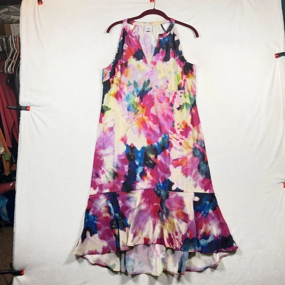 Cabi Celebration Dress 5971 Small Watercolor Floral Hi Low Ruffle Hem Sleeveless